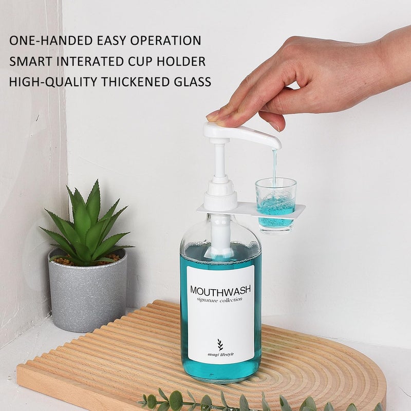 onsogi Glass Mouthwash Dispenser with Cup Holder and Pump, 16 Oz Rustic Boho Mouthwash Dispenser for Bathroom Farmhouse Decor - 1 Pack Clear - Image 3